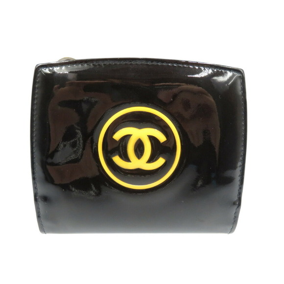 CHANEL Coco Mark Patent Leather Black Yellow Bi-fold Wallet - Picture 1 of 8